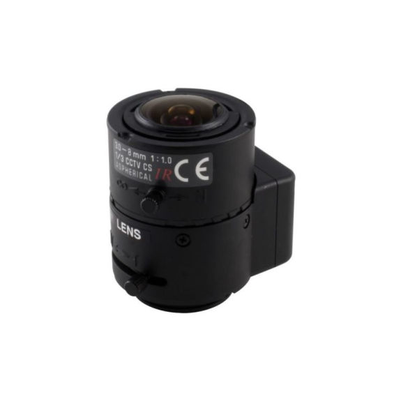 F03Z2.6DC-NFSHR eneo, F1,0/3-8mm DC-Objektiv, CS, varifokal, Konstanthaltung (Fokus), hochauflösend, 1/3 Zoll-Beschreibung lesen