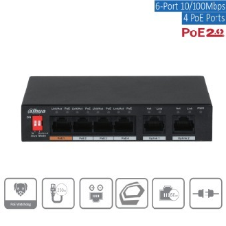 Dahua - PFS3006-4ET-60-V2 - Switch - 4 PoE, - 6 Port PoE Switch - 4x PoE Ethernet Port 10/100 Mbps - 2x Uplink Ethernet-Beschreibung lesen