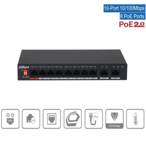 Dahua - PFS3010-8ET-96-V2 - Switch - 8 PoE, - 10 Port PoE Switch - 8x PoE Ethernet Port 10/100 Mbps - 2x Uplink Etherne Dahua - PFS3010-8ET-96-V2 - Switch - 8 PoE, - 10 Port PoE Switch - 8x PoE Ethernet Port 10/100 Mbps - 2x Uplink Etherne-Beschreibung lesen