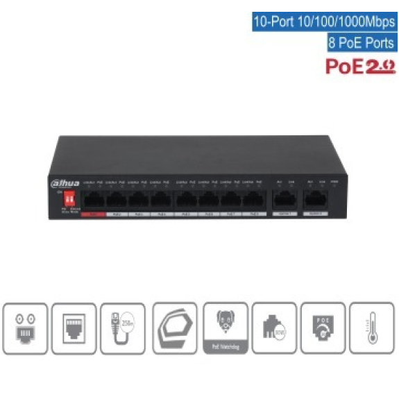 Dahua - PFS3010-8GT-96-V2 - Switch - 8 PoE-GB, - 10 Port PoE Gigabit Switch - 8x PoE Ethernet Port 10/100/1000 Mbps - 2 Dahua - PFS3010-8GT-96-V2 - Switch - 8 PoE-GB, - 10 Port PoE Gigabit Switch - 8x PoE Ethernet Port 10/100/1000 Mbps - 2-Beschreibung lesen
