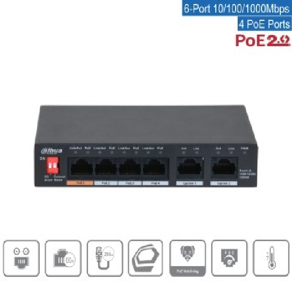Dahua - PFS3006-4GT-60-V2 - Switch - 4 PoE-GB, - 6 Port PoE Gigabit Switch - 4x PoE Ethernet Port 10/100/1000 Mbps - 2x-Beschreibung lesen
