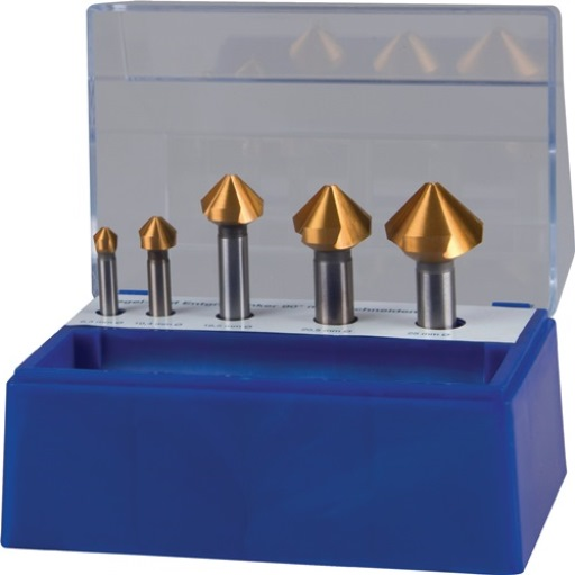 Kegelsenkersatz DIN 335 C 90 Grad 6,3-25 mm HSS TiN 5-teilig Kunststoff Kegelsenkersatz DIN 335 C 90 Grad 6,3-25 mm HSS TiN 5-teilig Kunststoff-Beschreibung lesen