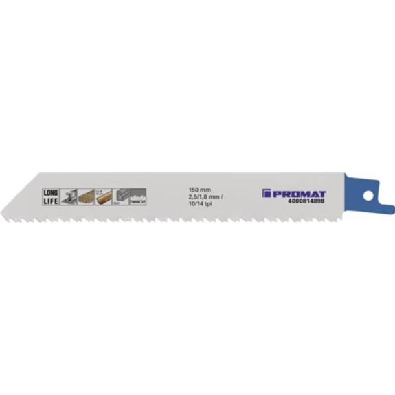 Säbelsägeblatt Länge 150 mm Breite 19 mm Zahnteilung TPI 10/14 2,5/1,8 Säbelsägeblatt Länge 150 mm Breite 19 mm Zahnteilung TPI 10/14 2,5/1,8-Beschreibung lesen