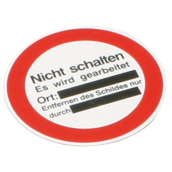 Warnschild mit Aufhängeloch, 200 mm, "Nicht schalten es wird gearbeitet"-Beschreibung lesen